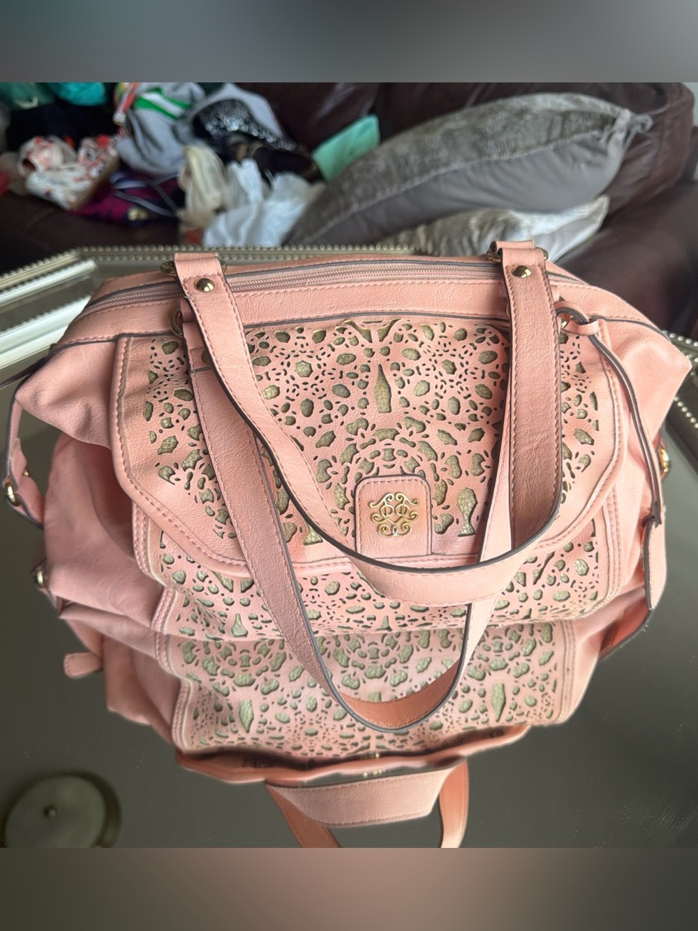 Jessica Simpson Baby Pink Laser-Cut Tote Bag with Gold Accent